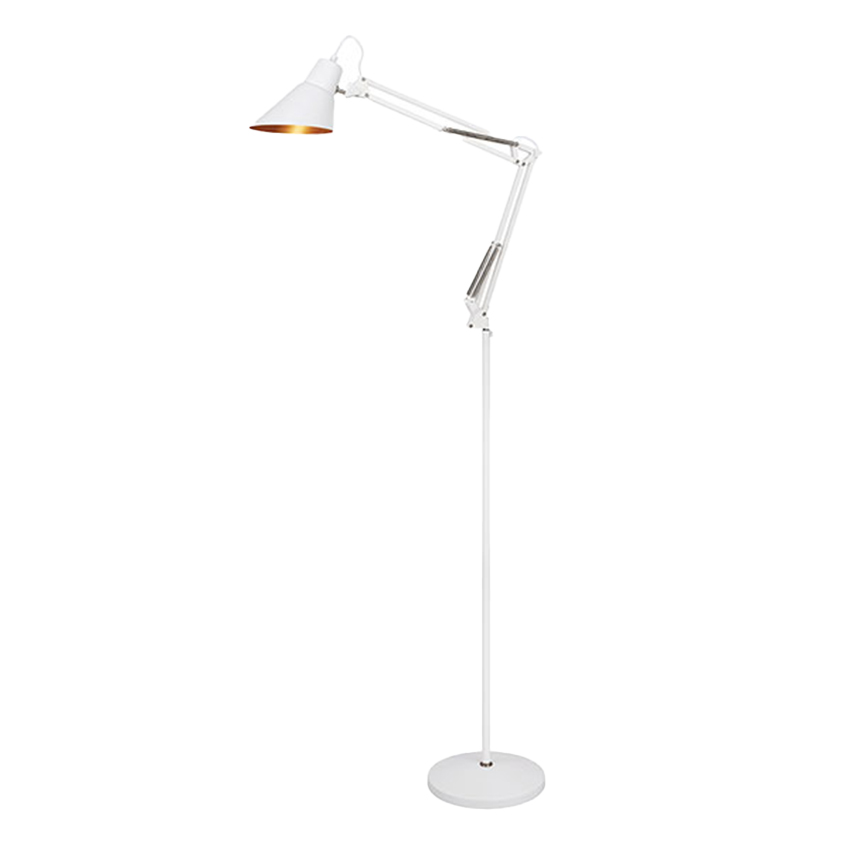 lámpara de suelo E27 en color blanco con detalles en níquel, perfecta para iluminar y decorar tu espacio. Un diseño moderno que se adapta a cualquier ambiente y estilo.