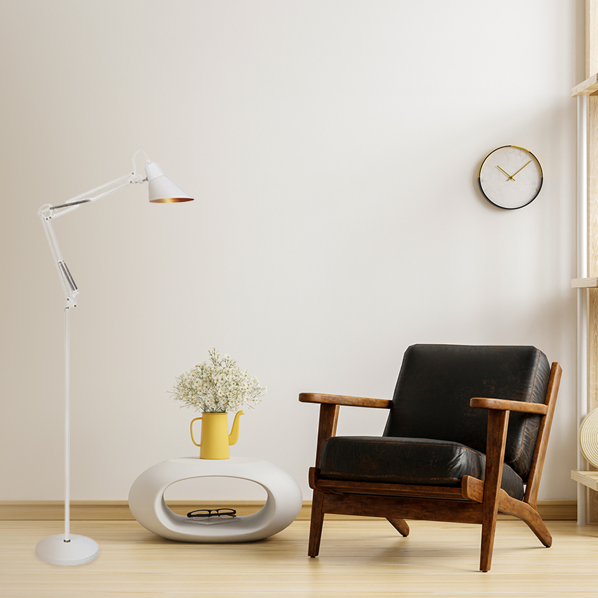 lámpara de suelo E27 en color blanco con detalles en níquel, perfecta para iluminar y decorar tu espacio. Un diseño moderno que se adapta a cualquier ambiente y estilo.