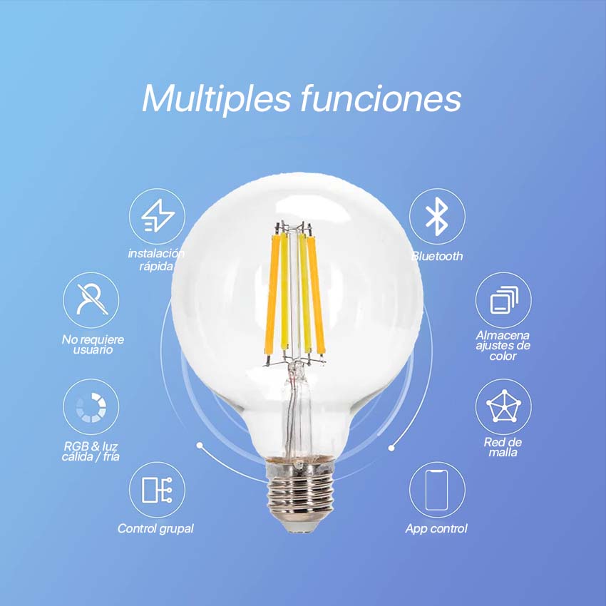 bombilla inteligente Bluetooth Mesh G95 4.9W RGBW con filamento, control a distancia y ambiente personalizable, ideal para decoración y atmósferas.