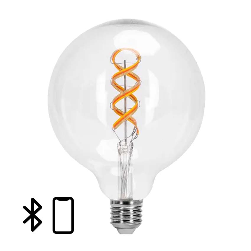 bombilla LED filamento 4.9W RGBW Bluetooth Mesh, control inteligente y ambiente personalizable para iluminación decorativa.