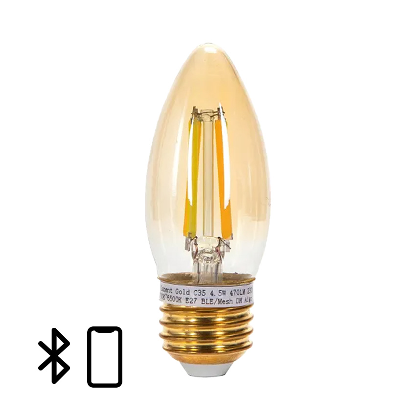 bombilla LED Smart C35 4.5W con tecnología Bluetooth Mesh y control CCT, ideal para iluminación personalizada y automatización del hogar.