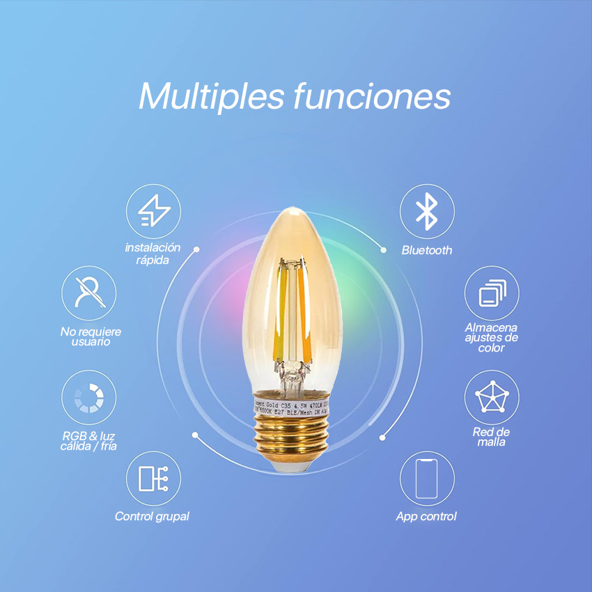 bombilla LED Smart C35 4.5W con tecnología Bluetooth Mesh y control CCT, ideal para iluminación personalizada y automatización del hogar.