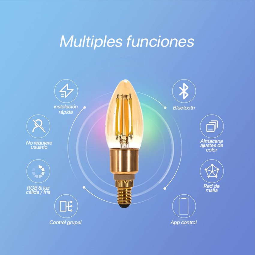 bombilla LED inteligente G45 4.5W CCT con conectividad Bluetooth Mesh, ideal para controlar la iluminación a distancia y crear ambientes personalizados.