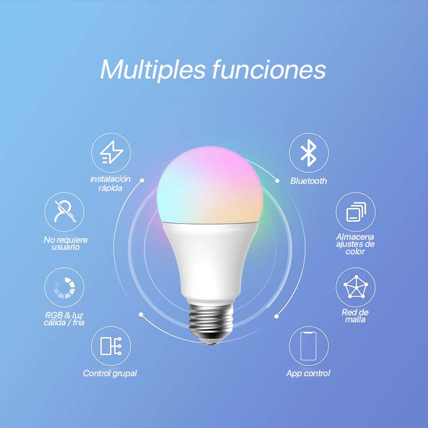 bombilla LED E27 15W RGB+CCT Bluetooth Mesh, control a distancia, ajustes de color y temperatura, ideal para ambientes personalizables y decoración.