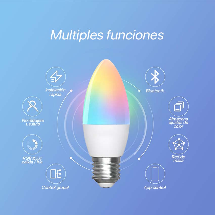 bombilla Bluetooth MESH E27 6.5W RGB+CCT - Control inalámbrico, múltiples colores, ajuste de temperatura, ideal para ambientación y smart home.