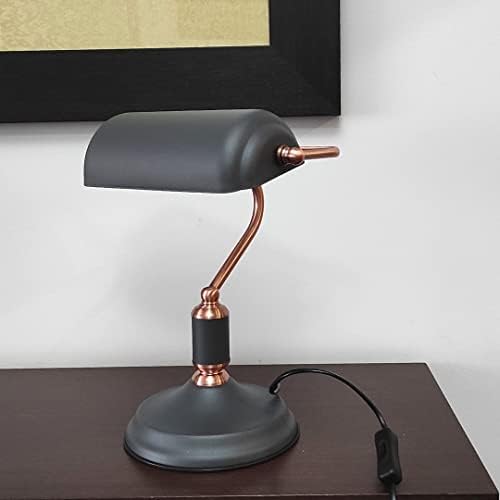 lámpara de mesa tipo banquero E27 negro y cobre, ideal para iluminación de escritorio y ambientes elegantes.